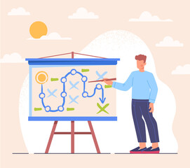 Business strategy concept. Young man stands next to large board and develops plan to achieve success. Entrepreneur moving up career ladder to goal. Cartoon contemporary flat vector illustration