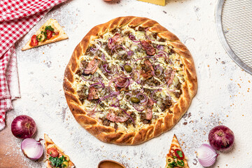 Delicious Pizza Classic Homemade Tomato Sauce Sausage Cheese Onion Meat Pasta Shrimp Restaurant Menu Gourmet on a wooden table