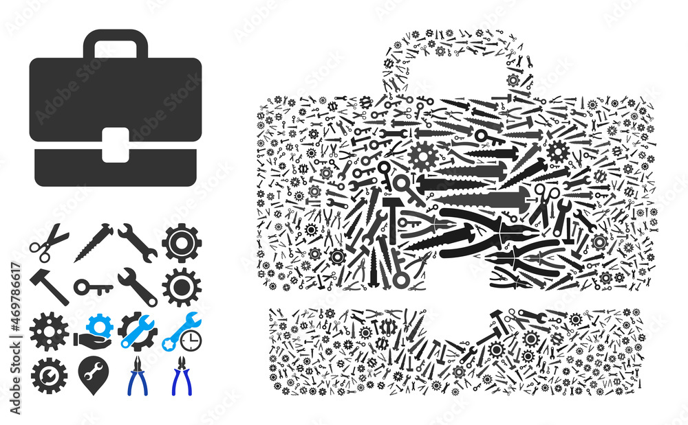 Poster repair service case composition of service tools. vector case is done of gears, wrenches, and other 