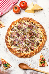 Delicious Pizza Classic Homemade Tomato Sauce Sausage Cheese Onion Meat Pasta Shrimp Restaurant Menu Gourmet on a wooden table