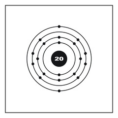 Bohr model representation of the calcium atom, number 20 and symbol Ca.
Conceptual vector illustration of calcium atom and electron configuration 2, 8, 8, 2.