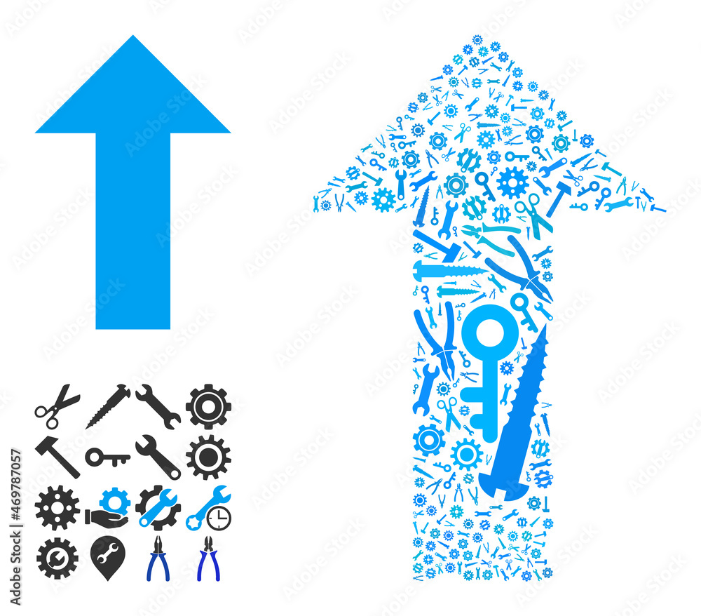 Aufkleber repair service arrow mosaic of service tools. vector arrow is composed of gears, wrenches, and other