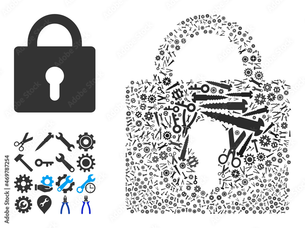 Poster service lock mosaic of service tools. vector lock is made from cogs, wrenches, and other tools, and 