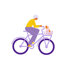 Elderly woman riding cargo bike with basket. Grandmother carries her dog in bicycle. Flat vector illustration