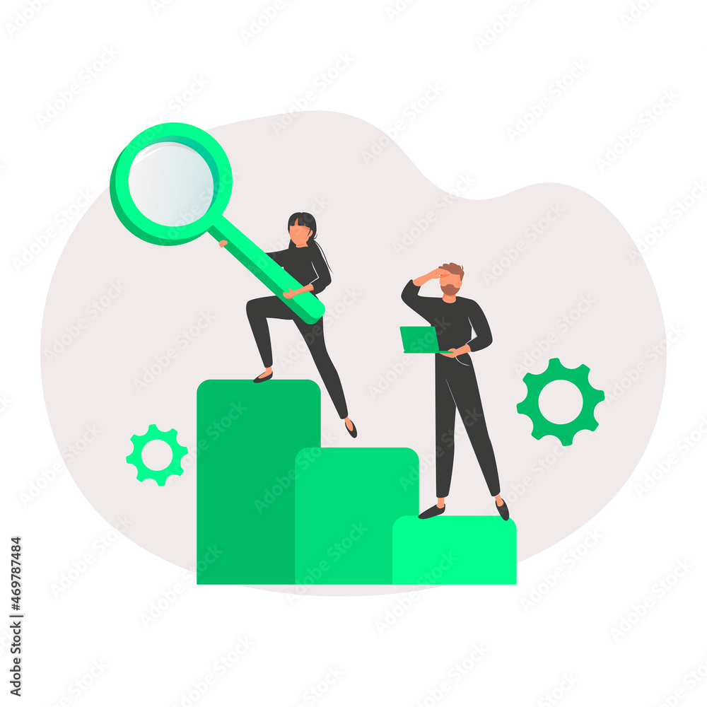 Poster man looking for something and woman hold magnifying glass or loupe. business metaphore for search or