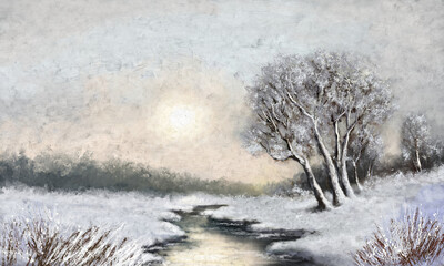 Obraz na płótnie Canvas Winter paintings rural landscape with snow, frozen river in winter