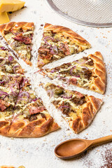 Delicious Pizza Classic Homemade Tomato Sauce Sausage Cheese Onion Meat Pasta Shrimp Restaurant Menu Gourmet on a wooden table