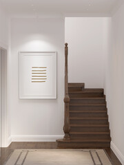 A bright hall in a modern classic style with a vertical poster on a white wall next to a classic wooden staircase, a beige carpet on a wooden floor, spotlights embedded in the ceiling. 3d render