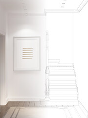 A sketch becomes a real hall in a modern classic style with a vertical poster on a wall next to a classic staircase, a beige carpet on a wooden floor, spotlights embedded in the ceiling. 3d render