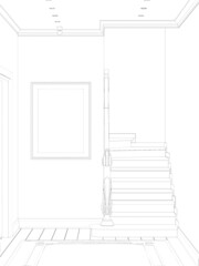 Sketch of the hall in a modern classic style with a vertical poster on a wall next to a classic staircase, a carpet on a floor, spotlights embedded in the ceiling. 3d render