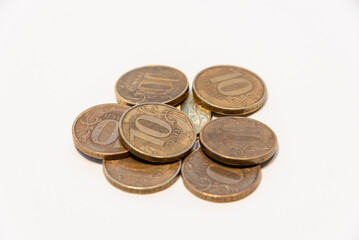 Coins on a white background. Russian money. 10 rubles.