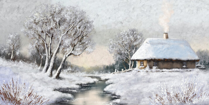 Winter paintings rural landscape, snow covered house, landscape with snow