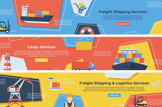 Freight shipping landing page set vector flat illustration. Commercial cargo logistic service