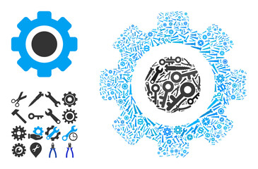 Service gear collage of service tools. Vector gear is formed with gears, spanners, and other tools, and based on gear icon. Concept of tuning company.