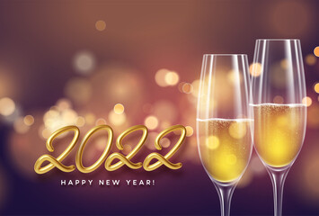 Happy new year 2022 illustration with golden realistic number 2022, glasses of champagne and fireworks sparks. Gold sequin blur bokeh background. Vector illustration