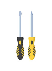 Construction tool icon. Set of stickers with screwdrivers. Attributes for unscrewing screws. Design element for websites and online stores. Cartoon flat vector collection isolated on white background