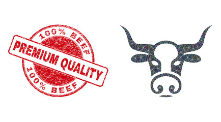 Lowpoly triangulated bull head symbol illustration with 100% Beef Premium Quality dirty stamp. Red stamp includes 100% Beef Premium Quality tag inside circle it. Bull head icon filled with triangles.
