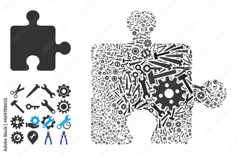 Poster repair workshop puzzle plugin mosaic of tools. vector puzzle plugin is done with gears, wrenches, an