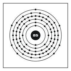 Bohr model representation of the astatine atom, number 85 and symbol At.
Conceptual vector illustration of astatine atom and electron configuration 2, 8, 18, 32, 18, 7.