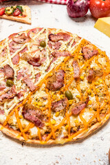 Delicious Pizza Classic Homemade Tomato Sauce Sausage Cheese Onion Meat Pasta Shrimp Restaurant Menu Gourmet on a wooden table