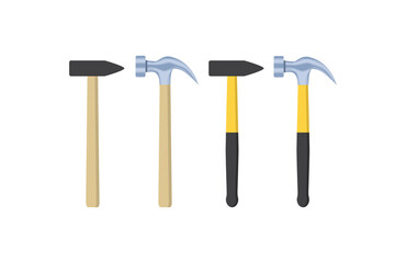 Construction tool icon. Set of stickers with wooden and rubber hammers. Attributes for hammering nails. Design element for websites. Cartoon flat vector collection isolated on white background