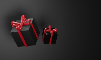 Black gift box with red bow on black background 3D Rendering