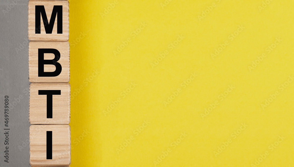 Poster mbti types test, letters on yellow and gray background with copy space for text.