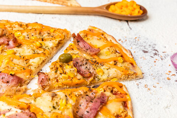 Delicious Pizza Classic Homemade Tomato Sauce Sausage Cheese Onion Meat Pasta Shrimp Restaurant Menu Gourmet on a wooden table