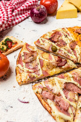 Delicious Pizza Classic Homemade Tomato Sauce Sausage Cheese Onion Meat Pasta Shrimp Restaurant Menu Gourmet on a wooden table