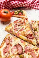 Delicious Pizza Classic Homemade Tomato Sauce Sausage Cheese Onion Meat Pasta Shrimp Restaurant Menu Gourmet on a wooden table