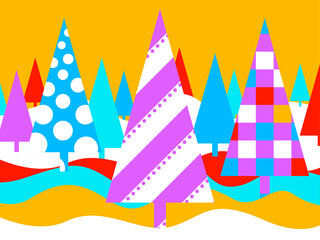 Vector graphics - a beautiful holiday card with stylized decorative Christmas trees with an ornament of trendy colors on a yellow background. Concept - Christmas and new Year