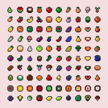 Vector pixel art icon illustration set - fruits, vegetables, mushrooms, nuts 8 bit retro styled game asset texture with black outline