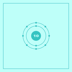Bohr model representation of the neon atom, number 10 and symbol Ne.  
Conceptual vector illustration of neon atom and electron configuration 2, 8.