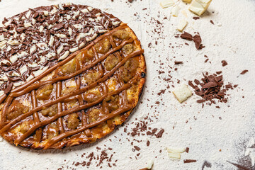 Delicious Pizza Classic Homemade Tomato Sauce Sausage Cheese Onion Meat Pasta Shrimp Restaurant Menu Gourmet on a wooden table