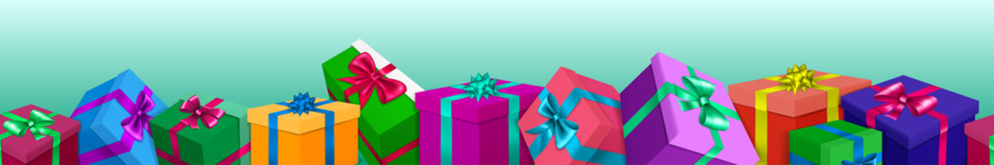 Banner with bunch of colored gift boxes with ribbons and bows on light blue background. With seamless horizontal repetition