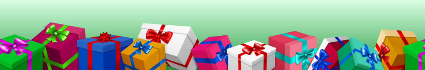 Banner with bunch of colored gift boxes with ribbons and bows on light green background. With seamless horizontal repetition
