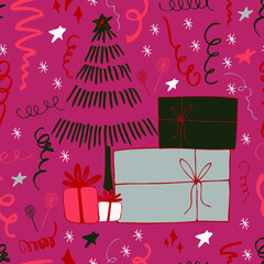 Christmas background party celebration vector seamless pattern stylized Christmas trees with candy gifts and sparklers. Wallpaper for wrapping paper, invitations, paper and cards, website backgrounds.