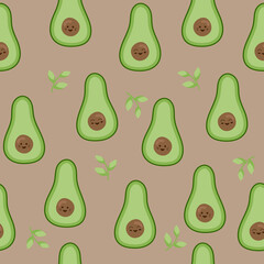 seamless pattern with avocado on a beige background with green swallows, avocado smiling, baby doodles
