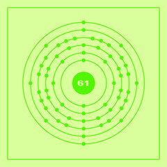 Bohr model representation of the promethium atom, number 61 and symbol Pm.
Conceptual vector illustration of promethium atom and electron configuration 2, 8, 18, 23, 8, 2.