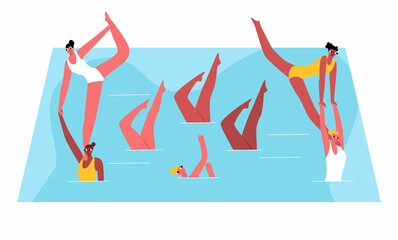 Vector flat illustration with performance, training of female gymnasts in group synchronized swimming. The concept summer, group types of professional sports, competitions.