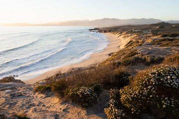 View from the cliffs over the sandy beach and waves breaking on shore.  