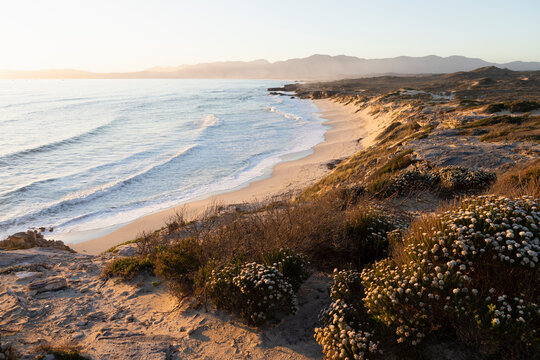 View from the cliffs over the sandy beach and waves breaking on shore.   - Powered by Adobe