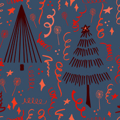 Fototapeta na wymiar Christmas background party celebration vector seamless pattern stylized Christmas trees with candy gifts and sparklers. Wallpaper for wrapping paper, invitations, paper and cards, website backgrounds.
