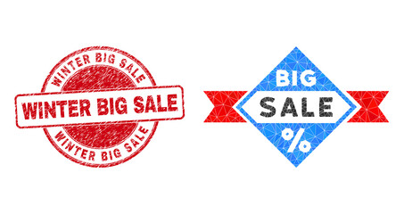 Low-Poly triangulated big sale 2d illustration with WINTER BIG SALE rubber seal. Red seal has Winter Big Sale tag inside circle shape. Big sale icon filled with triangle mosaic.