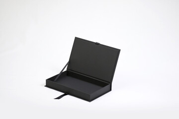 Black empty template square gift cardboard packaging box with opened lid