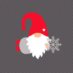 Christmas Gnome isolated on transparent background. Flying cute gnome holding snowflake. Vector illustration