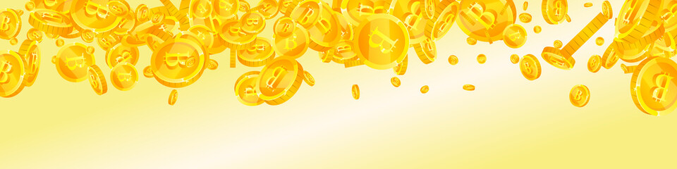 Bitcoin, internet currency coins falling. Cool scattered BTC coins. Cryptocurrency, digital money. Bold jackpot, wealth or success concept. Vector illustration.