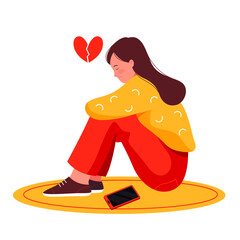 Sad girl with a phone. Unrequited love, parting. Vector illustration.