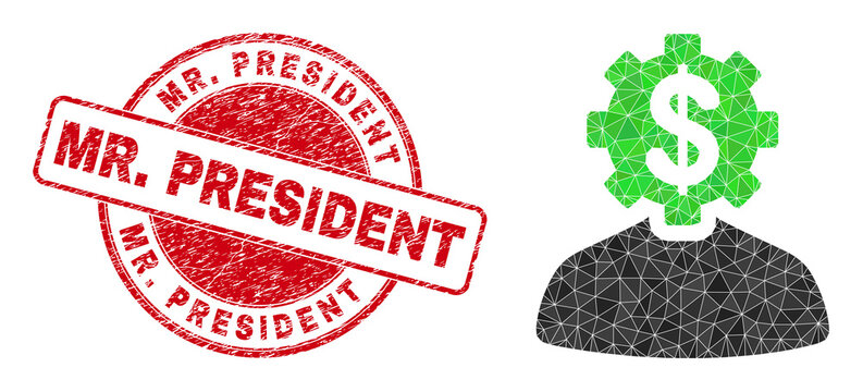 Lowpoly triangulated banker gear person icon illustration with MR. PRESIDENT corroded seal imitation. Red seal includes Mr. President tag inside round form.