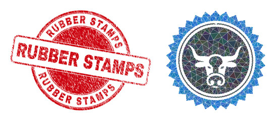 Low-Poly polygonal bull seal stamp symbol illustration, and RUBBER STAMPS corroded stamp. Red stamp seal has Rubber Stamps text inside round form. Bull seal stamp icon is filled using triangles.